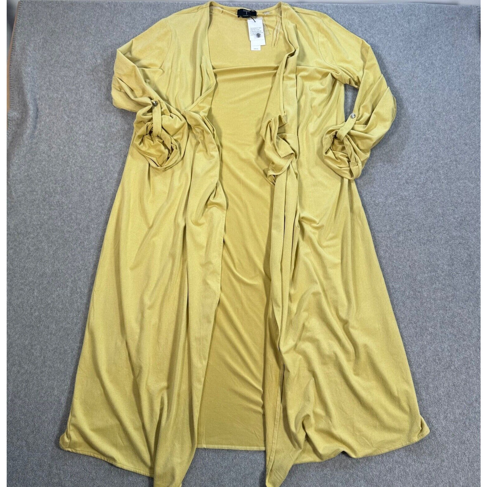 COPY - Tahari Mustard Faux Suede Open Waterfall Duster Women's Large Roll Sleev…